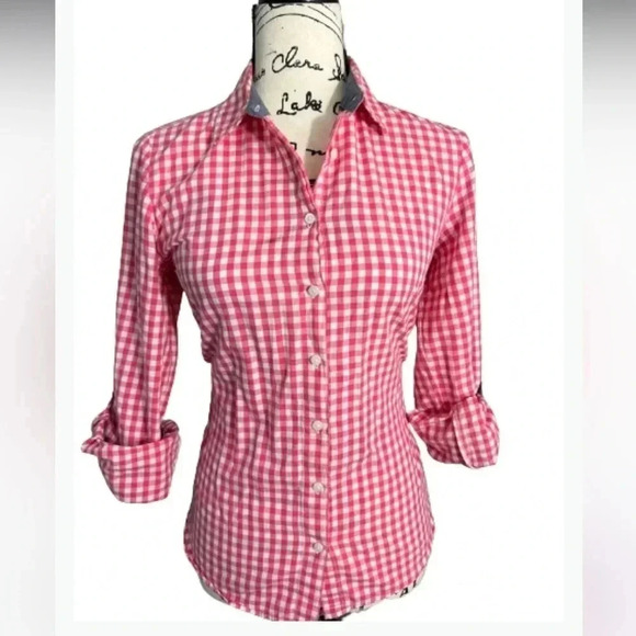 - TOMMY HILFIGER TOP BUTTON PINK & WHITE PLAID GINGHAM LONG SLEEVES SIZE SMALL - Picture 3 of 12